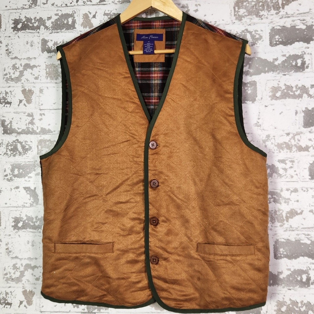 lan Flusser Mens Reversible Quilted Vest Medium Brown Plaid Gorpcore Preppy Golf